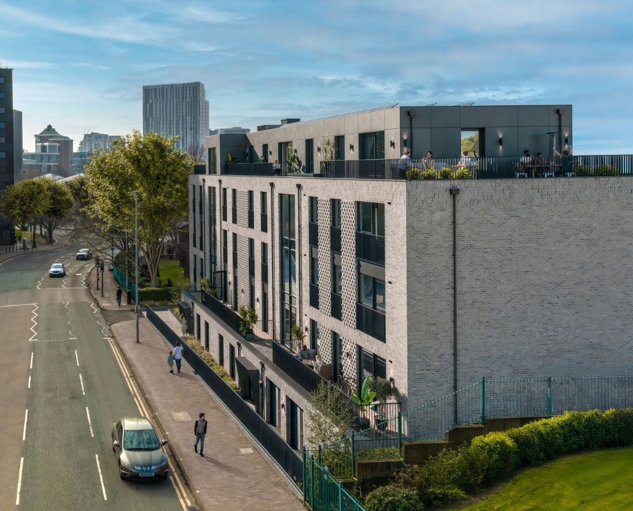 Building exterior with Salford skyline